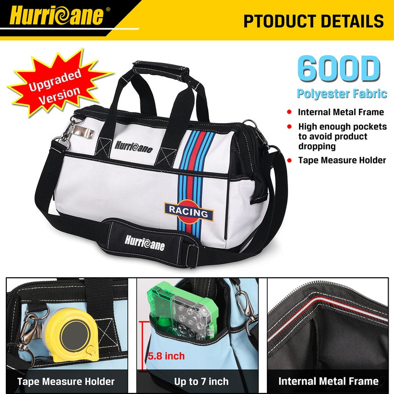 HURRICANE 16 inch Wide Mouth Tool Bag with Water Proof Molded Base with Extra Shoulder Strap, Upgrade Version, Racing theme-White, Multi Pockets, Large Inner Space - Image 3
